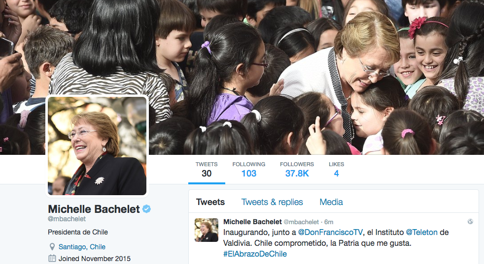 Michelle Bachelet acaba de abrir cuenta en Twitter en octubre de 2016 - Barómetro Online presidentes